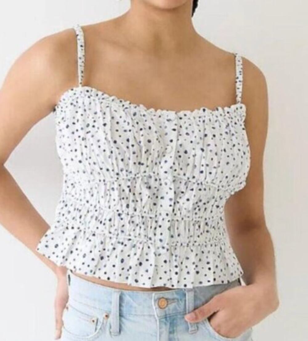 J. Crew Cinched Waist Cotton Poplin Button Up Polka Dot Tank Top White Medium